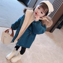  Girls  medium and long down cotton clothes Childrens plus velvet thickened cotton clothes Childrens female baby Parker clothes jacket winter clothes