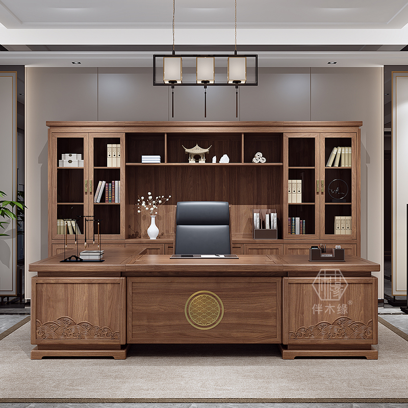 Full Wood Owner Table New Chinese Desk Bookcase Portfolio Chairman Office Furniture Grand Bandae President Table-Taobao