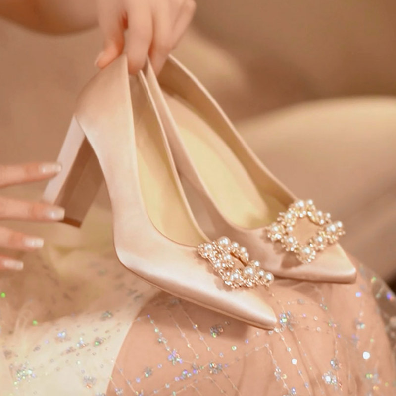 Wedding Shoes, Chunky Heels, Women's High Heels, Champagne-Colored Bridal Shoes, Comfortable for Pregnant Women, Waterproof Platform, Non-Tiring, Engagement Shoes