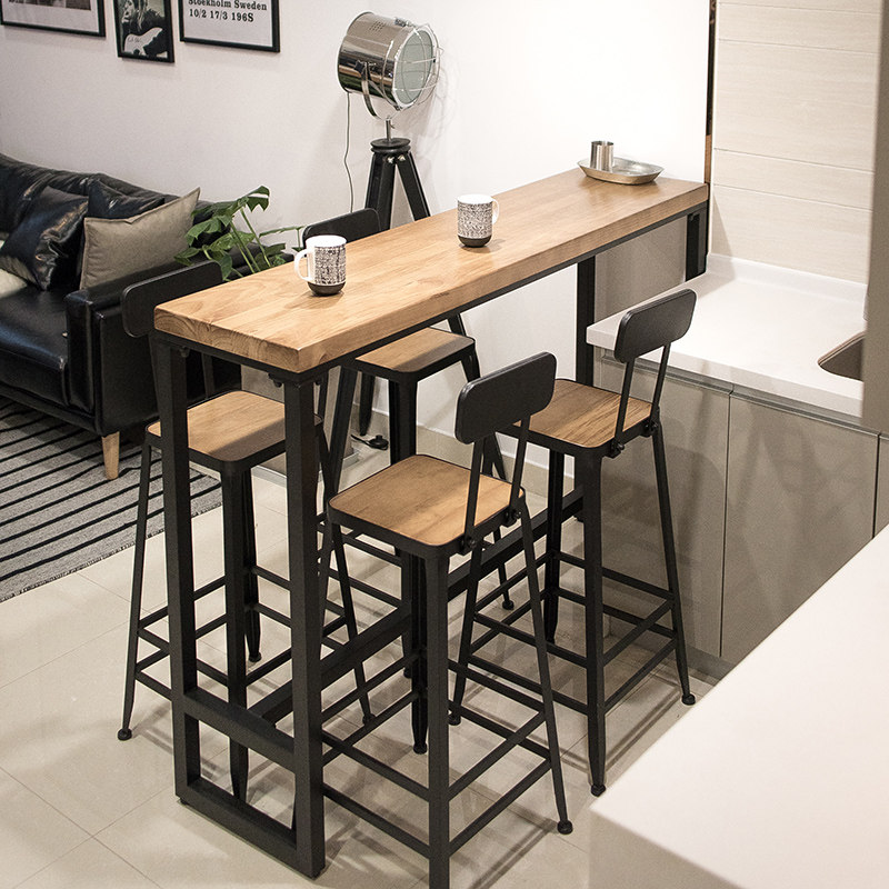 Solid Wood Bar Table Desk Sub Minima Small Household Type Home High Foot Table Iron Art Log Made Old Strip Modern Table And Chairs Combination