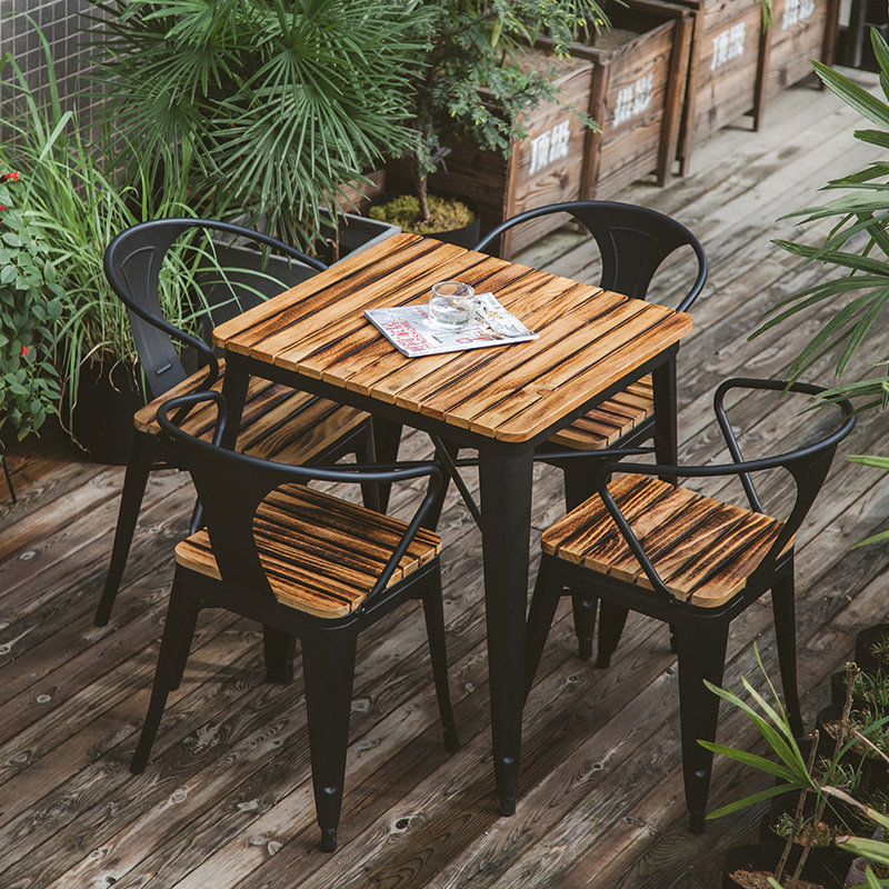 Iron Art Outdoor Table And Chairs Simple Terrace Table Garden Outdoor Natural Chair Casual Patio Coffee Embalming Wood Square Table