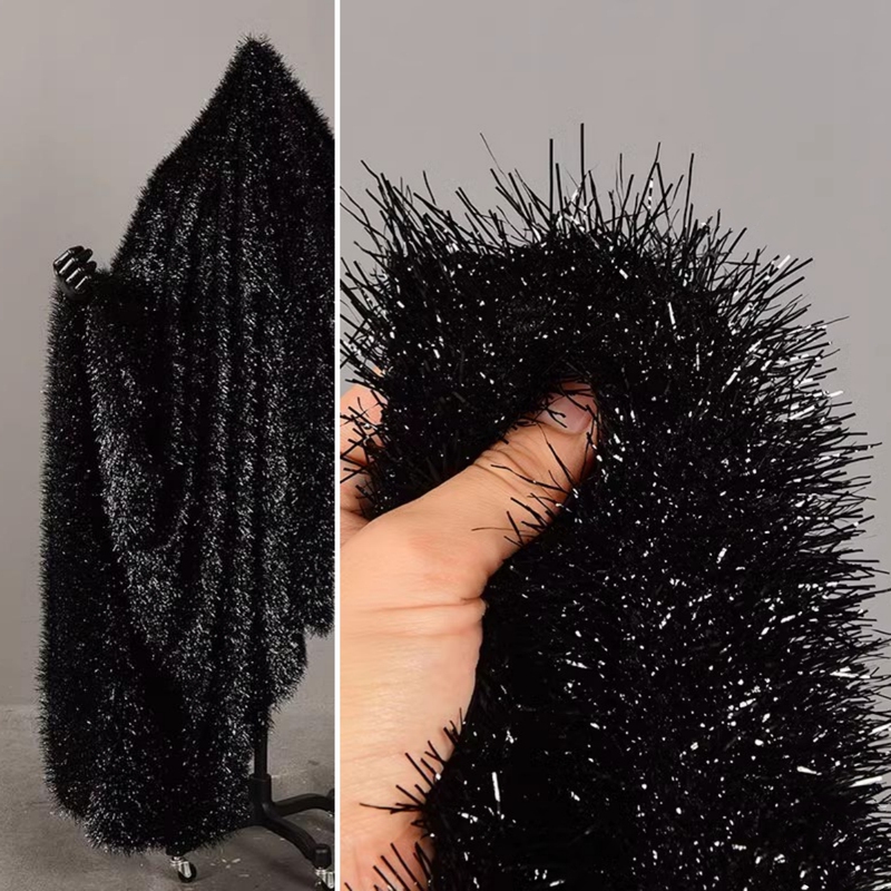 Special Black Shiny Silk Feather Long Tassel Knitted Wool Fabric Silver Shiny Elastic Plush Creative Fabric