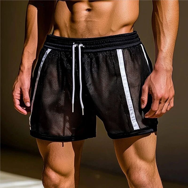 Cross-Border Amazon Summer Thin European and American Men's Mesh Sexy See-Through Shorts with Contrasting Stripes Sports Casual Pants Cross-Border Amazon Summer Thin European and American Men's Mesh Sexy See-Through Shorts with Contrasting Stripes Sports Casual Pants