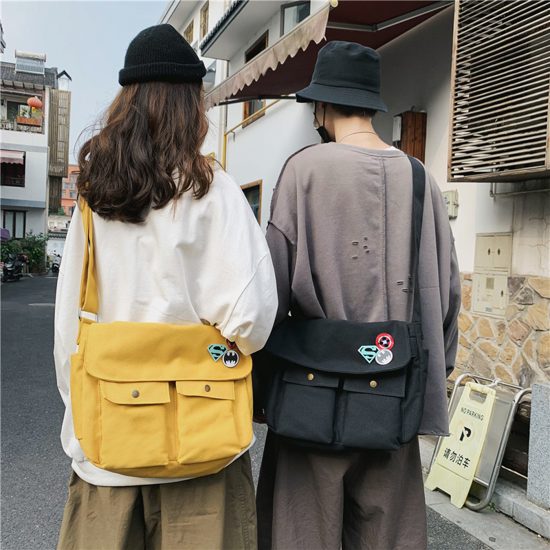 Canvas bag female messenger bag Korean version of ins wind large capacity college students class shoulder bag lovers bag bag leisure