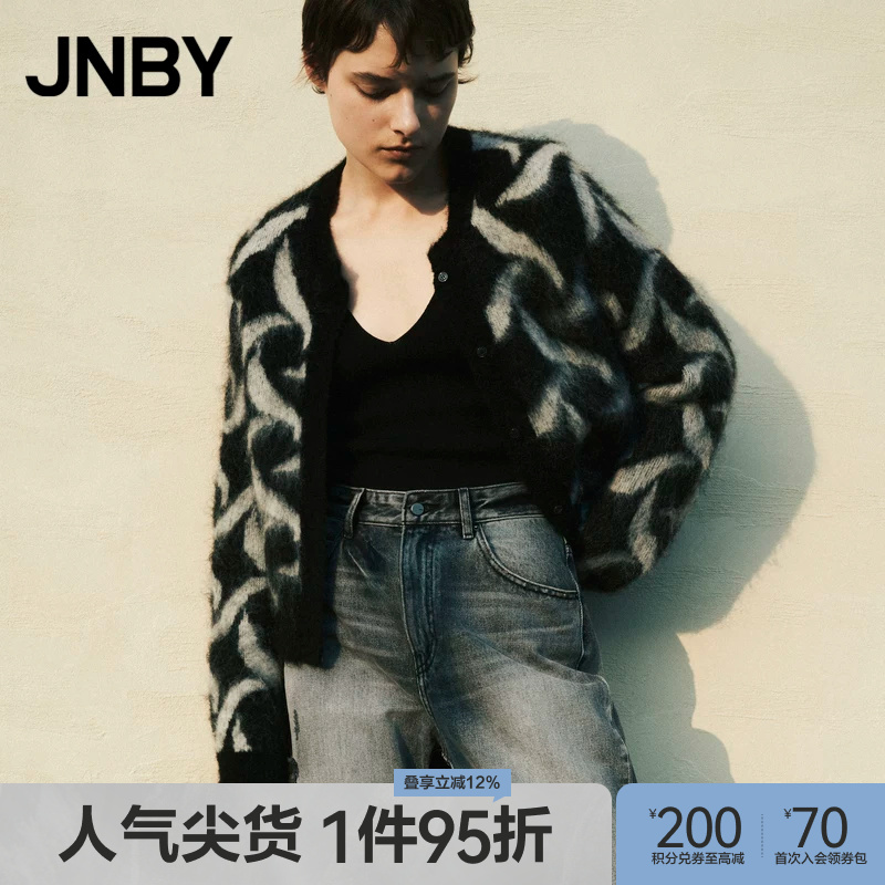 Jacquard Sweater Jnby/Jiangnan Cloth House Wool Blend Knitwear Women's Short Round Neck Cardigan Long Sleeve