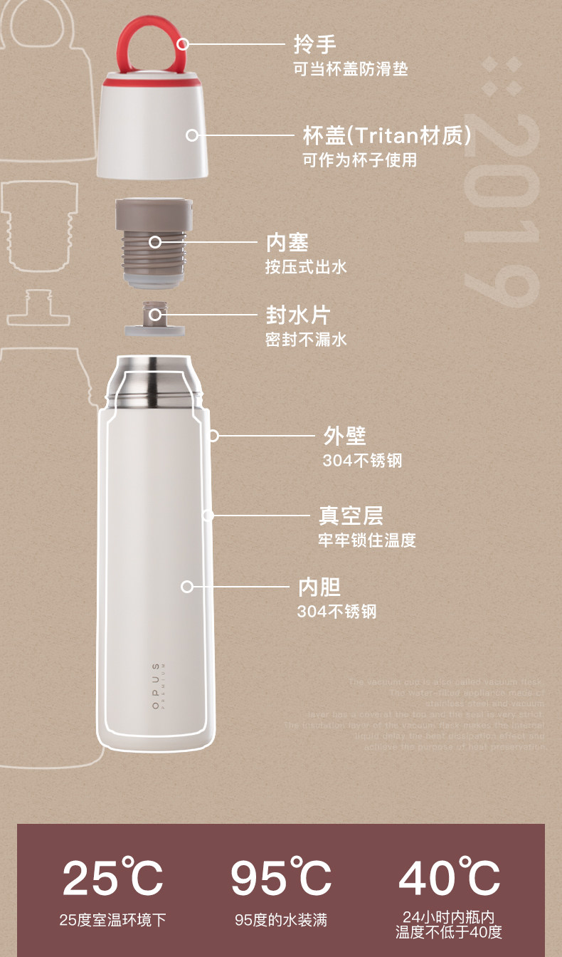 OPUS 便携304不锈钢真空保温杯 500ml 图2