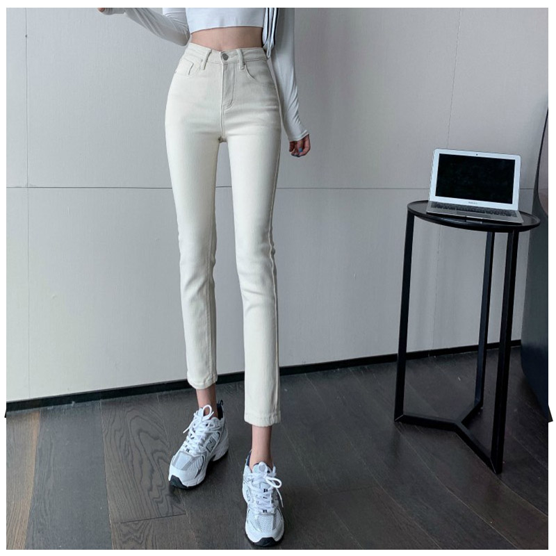 Jeans Woman 2022 Spring Autumn New Tide Body Thin Smoke Tubes Pants High Waist Tight Body Rice White 90% Pants
