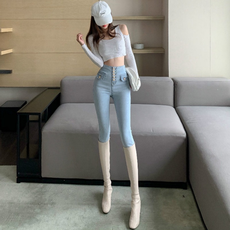 Light blue jeans women's 2022 spring and autumn new Hong Kong-style high-waisted slim-fitting elastic hip-lifting pencil pants