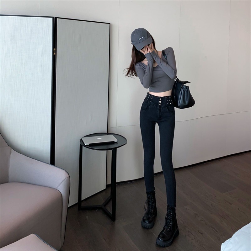 Black High Waist Jeans Woman 2022 Spring and Autumn Tight Elastic Honey Peach Hip slim fit pencil small foot long pants
