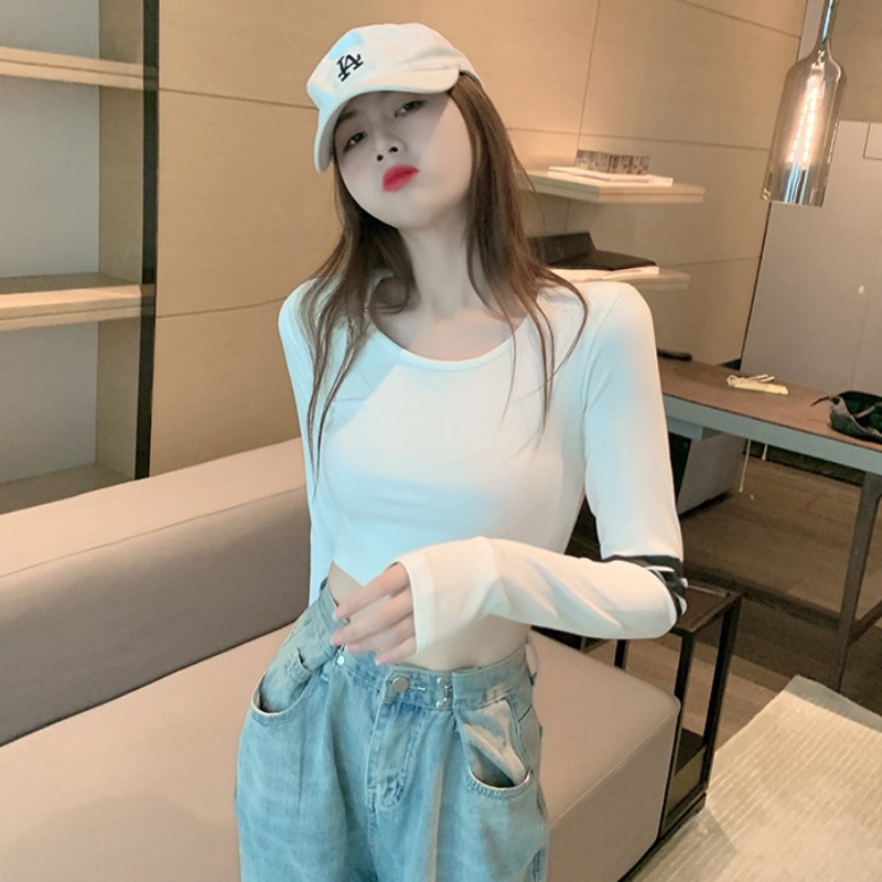 White Undershirt Woman 2022 Chunqiu New Chains Supper with short Dew Button Girl's Long sleeves T-shirt Inner Lap