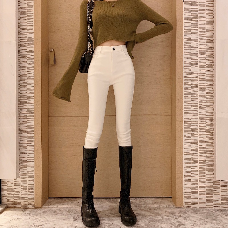 White Jeans Woman 2021 Autumn Winter New High Waist Tight Body Slim Fit Slim Down Thickened Smoke Pipe Pants Boot Pants