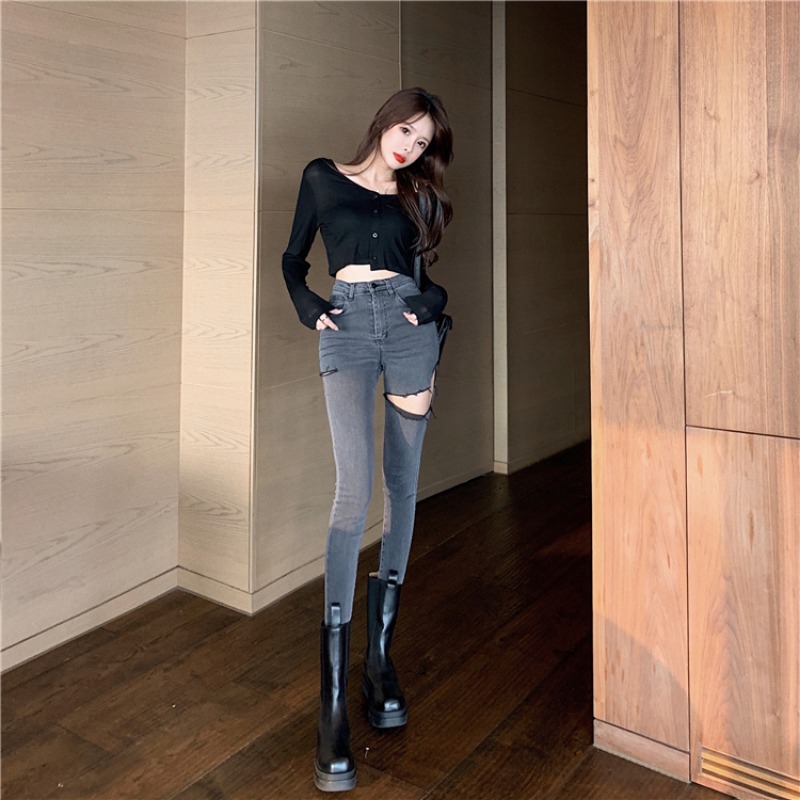 Black grey high waist Broken Cave Jeans Woman 2022 New wave Repairing Body Wrap Glutes THIN PENCIL SMOKE Pants Trousers Long Pants