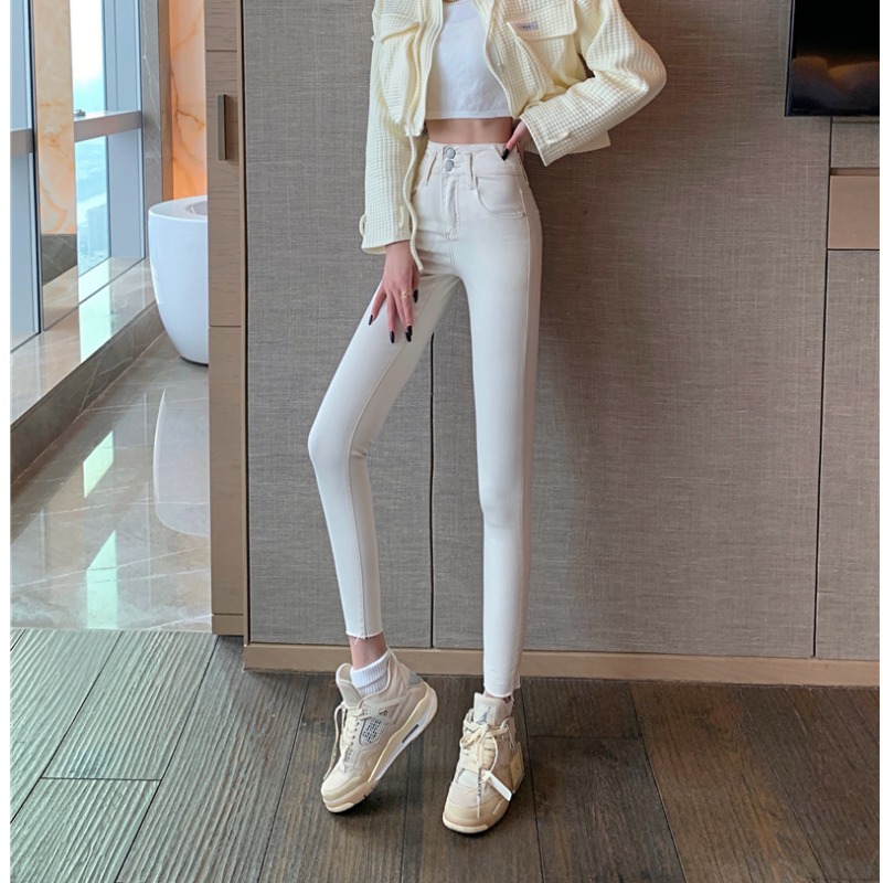 Rice White Jeans Woman 2022 Spring Autumn New High Waist Display Slim Smoke Tubes Pants Tight Fit Elastic 90% Pencil Pants