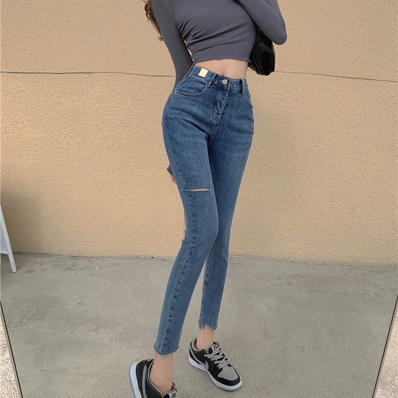 Blue jeans women's 2022 spring and autumn new Korean version of the high-waisted tight-fitting ripped hole slim fit and thin elastic narrow-leg pants