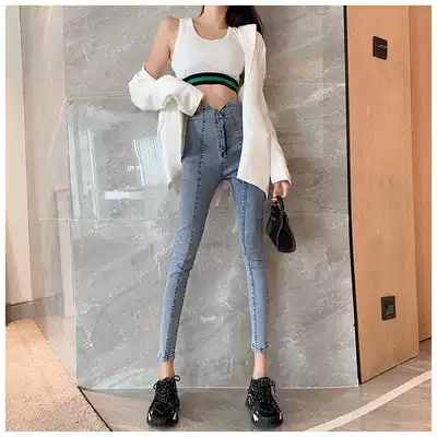 Light blue jeans women's autumn and winter 2021 new irregular tight high-waisted pencil pants show thin cigarette tube pants trend