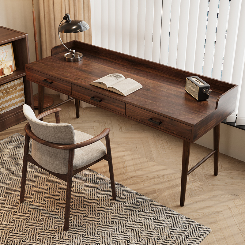 High-End South American Black Walnut Desk, Solid Wood Workbench, Home Office Desk, Wall-Mounted Long Narrow Desk with Drawers