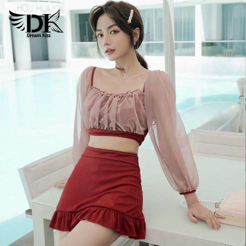 dk2021 new hot spring conservative swimsuit women's long sleeve sunscreen split sexy belly thin Korean ins