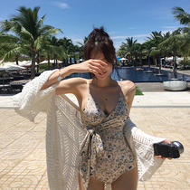 DK swimsuit womens retro rope small chest gathered to cover the belly slim floral triangle one-piece sexy bikini swimsuit