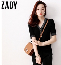 ZADY2020 new elastic threaded Tencel top female temperament small gorgeous gold button trim half sleeve knitted shirt