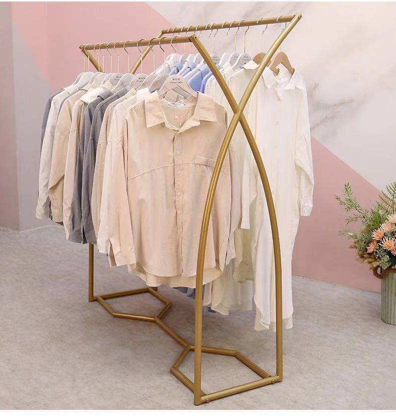 Clothing store display rack golden island rack floor rack double row clothes rack parallel bar side hanger mobile pulley