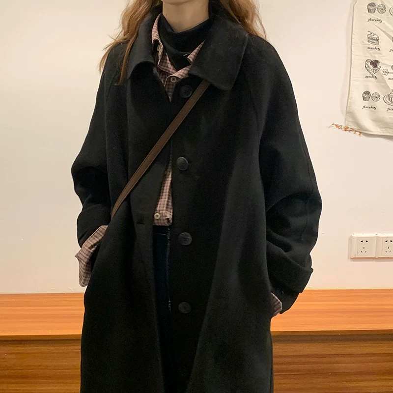 Woolen coat, demi-season black jacket, for teenagers, 2026 years, Korean style, high-quality style