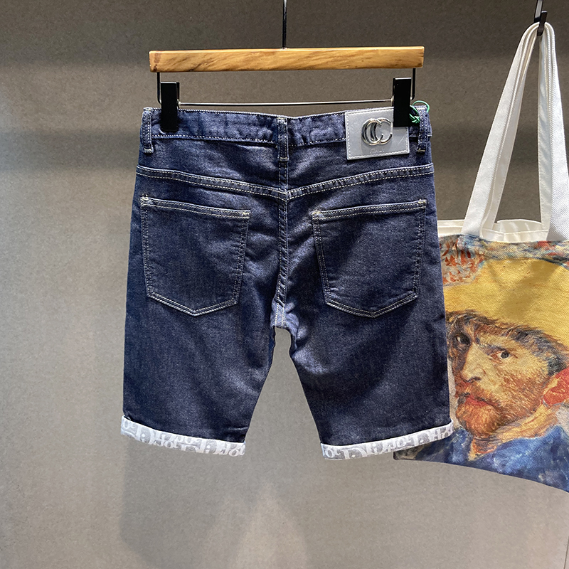 Pants side printed 100 lap deep blue not fading denim shorts male 50% pants trendy 50% pants male summer thin