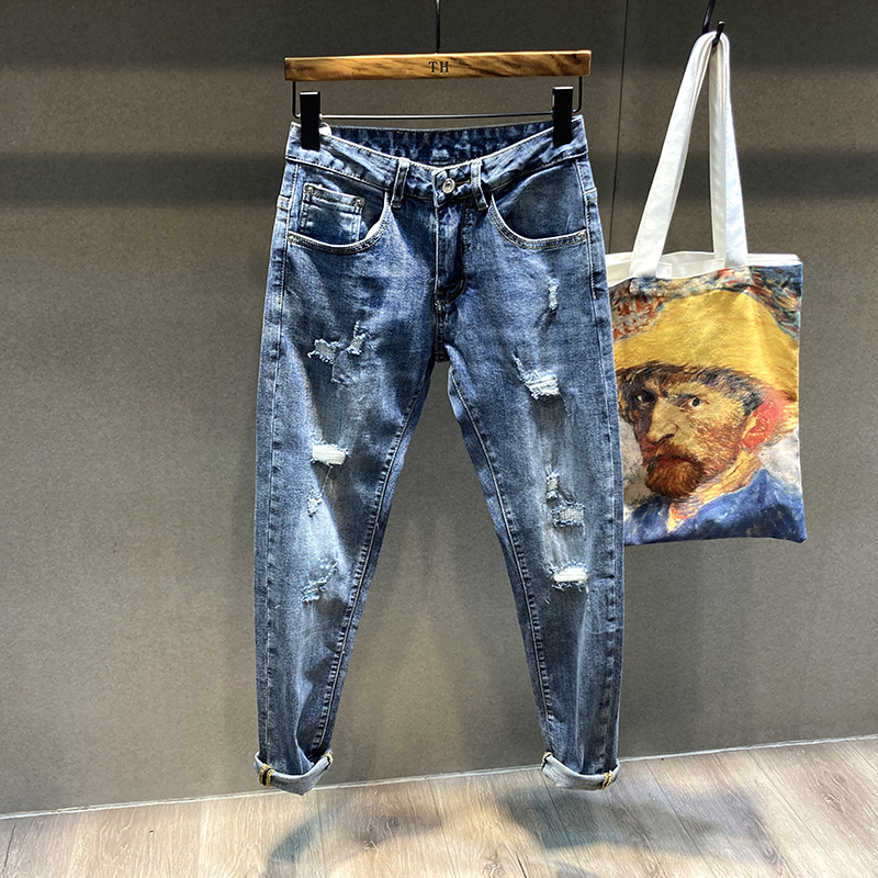 Broken Cave Jeans Man slim fit in 2021 New spring slim fit for man pants Korean version trend 100 hitch