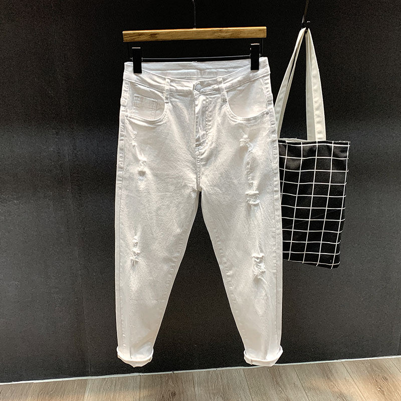 ins pants breaking holes white 90% denim pants men summer slim fit small feet trend Korean version 100 hitch