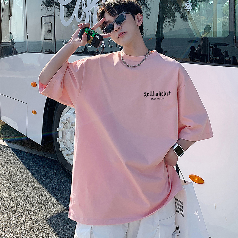 Pink Short-Sleeve T-Shirt for Men, New Summer Style, Loose Half-Sleeve Trendy Brand Fashion Top for Teenagers, Heavyweight T-Shirt