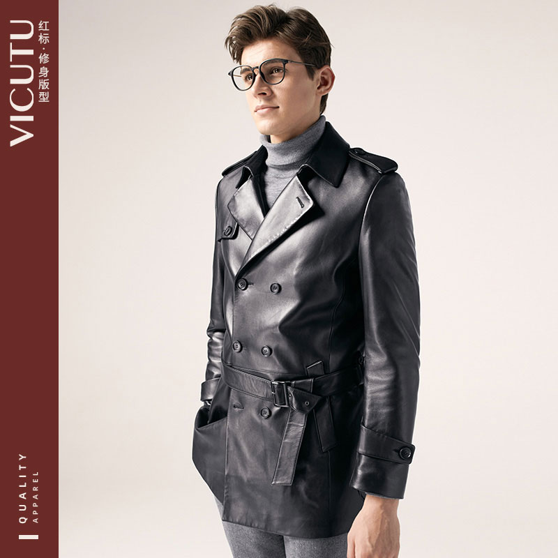 VICUTU vikado leather men long sheep jacket retro double-breasted lapel slim windbreaker men