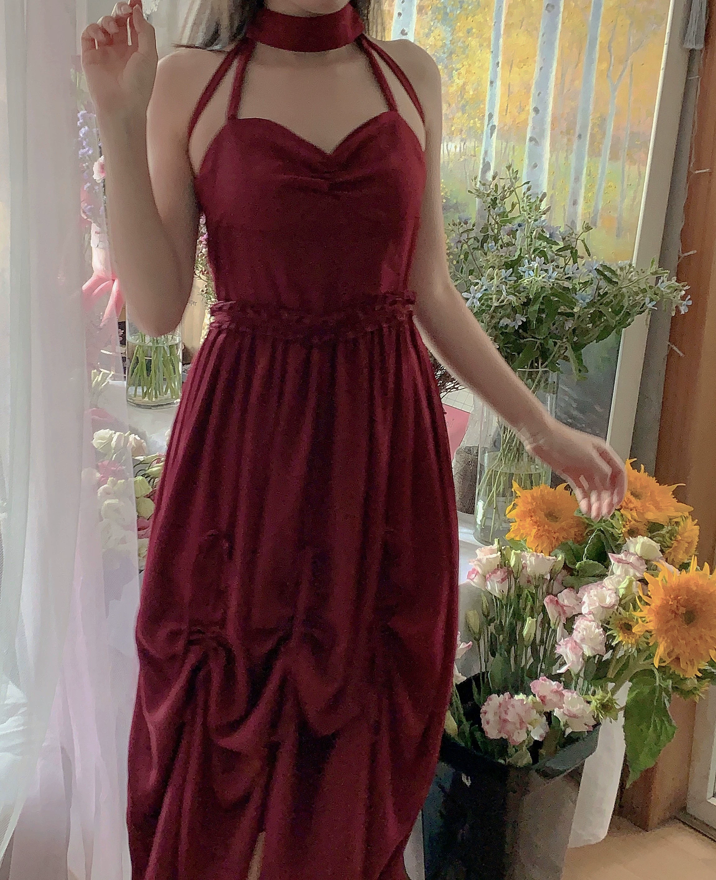St Morris trên cơ thể tuyệt đẹp phong cách baroque retro rượu vang đỏ hai dây phụ nữ khí chất váy dây rút mùa hè - Sản phẩm HOT