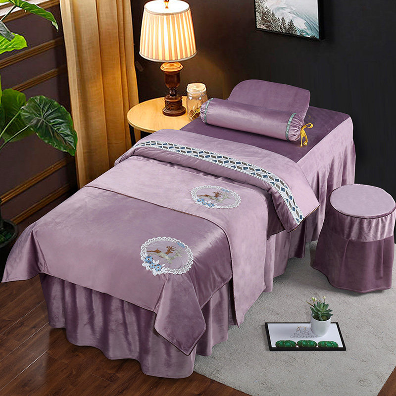 European-style Dutch velvet beauty bedspread four-piece high-end beauty salon simple solid color foot massage bed sheet purple custom