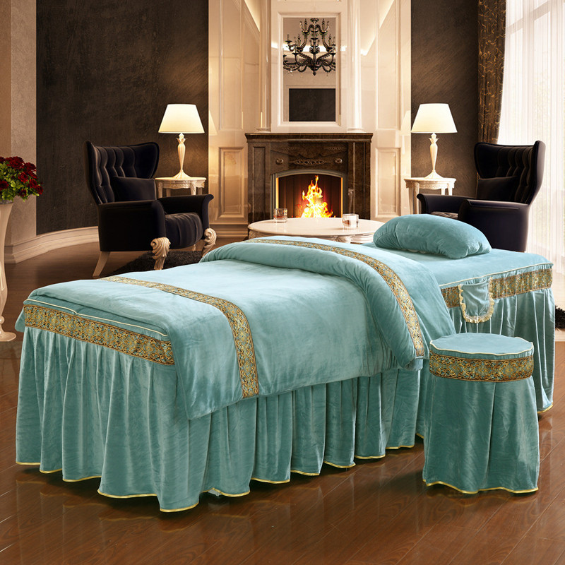 High-end beauty salon beauty bed cover four-piece set thickened crystal velvet simple blue massage square head bed skirt purple custom