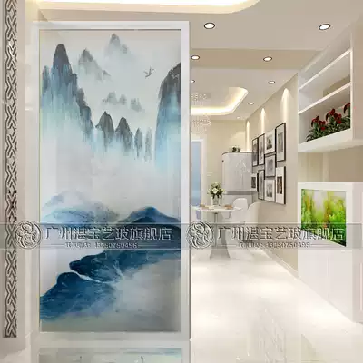 Art glass frosted porch partition TV background wall living room simple Chinese cabinet abstract moving door landscape painting