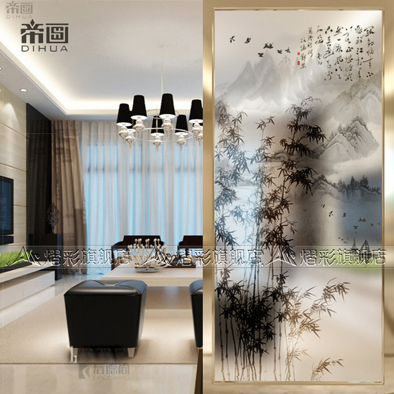Modern Art Glass TV Background Wall Partition Screen Shoes Cabinet Living-room Genguan Tempered Glass Bamboo Landscape Painting