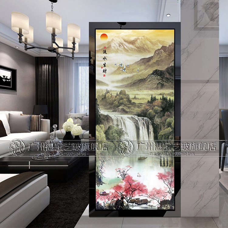 Art glass entrance aisle TV background wall screen partition Chinese simple double-sided translucent living room landscape painting