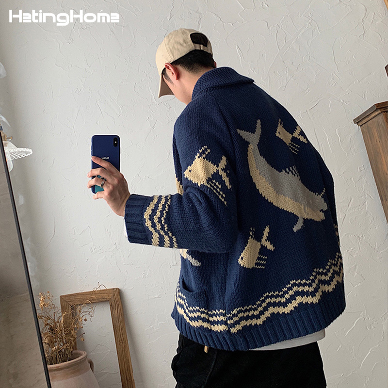 hetinghome Retro and Future Tide Cardigan Couple Sweater New Sweater Men's Coat Korean Loose
