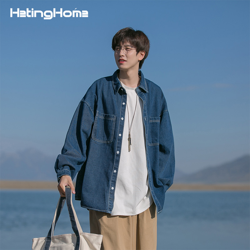 Hetinghome Dragon Fist! Spring Trendy Brand Couple Denim Long-Sleeve Shirt, Loose Fit Men's Outerwear Shirt, American Style