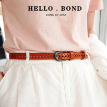 Belt womens top layer cowhide simple hollow all-match belt womens fine leather fashion punch-free jeans belt summer