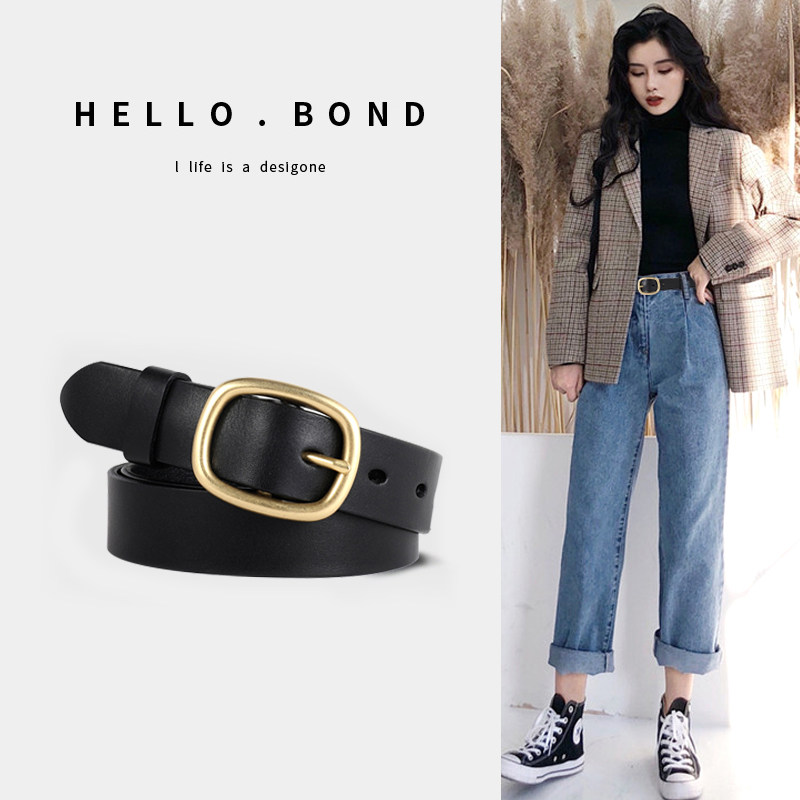 Women's Belt Leather Copper Buckle Jeans Belt Simple and Versatile Top Layer Pure Cowhide Korean Fashion Belt for Female Students