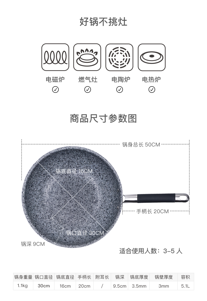 《中餐厅》同款 三禾 麦饭石锅具套装 煎锅+炒锅+汤锅 图4