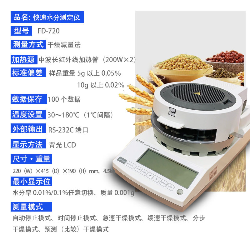 日本KETT 进口FD720快速红外线水分仪/谷物/化学品/粉状颗粒/液体