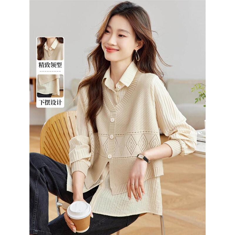2026 Spring and Autumn New Popular Style Loose Casual Shirt Layered with Sweater Vest Fake Two-Piece Knit Top for Women