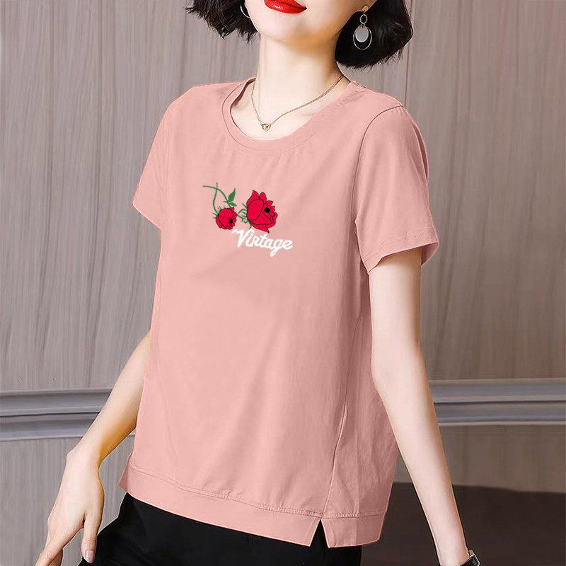 Pure cotton short-sleeved t-shirt ladies summer new loose split large size middle-aged mother Western style round neck top trendy