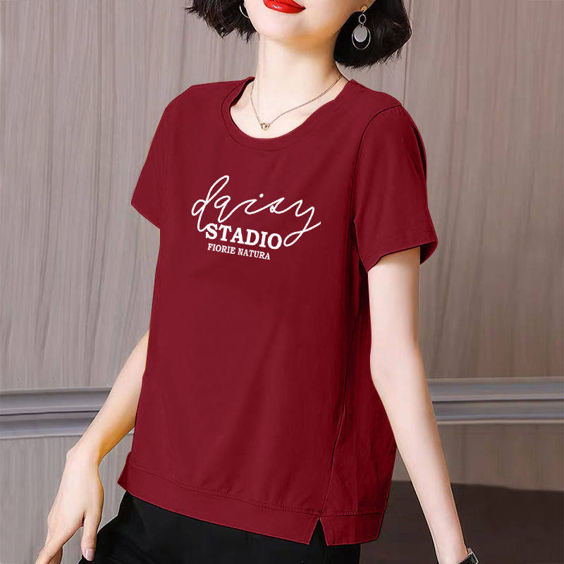 Cotton short-sleeved t-shirt women's summer new large size loose slim middle-aged mother round neck slit top women's tide