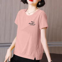 Pure cotton short-sleeved t-shirt womens 2022 summer new style slit loose and thin large size mother round neck top women