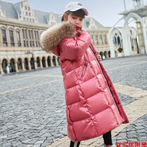 Brand childrens down jacket girl long knee 2021 Winter new medium and large childrens clothing boy white duck down coat