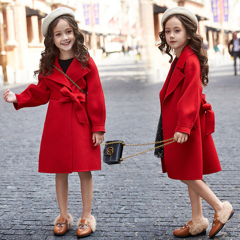 High-end children jacket girl 2021 autumn winter new Korean version girl with medium long version double face wool coat jacket