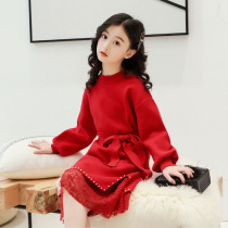 Brand childrens clothing girl knitted dress set childrens base shirt autumn and winter 2021 New sweater two-piece set