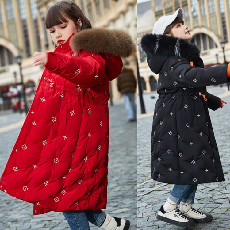 Brand girls' mid-length over-the-knee down jacket 2021 winter new style Western-style girls big boys and little girls thick coat